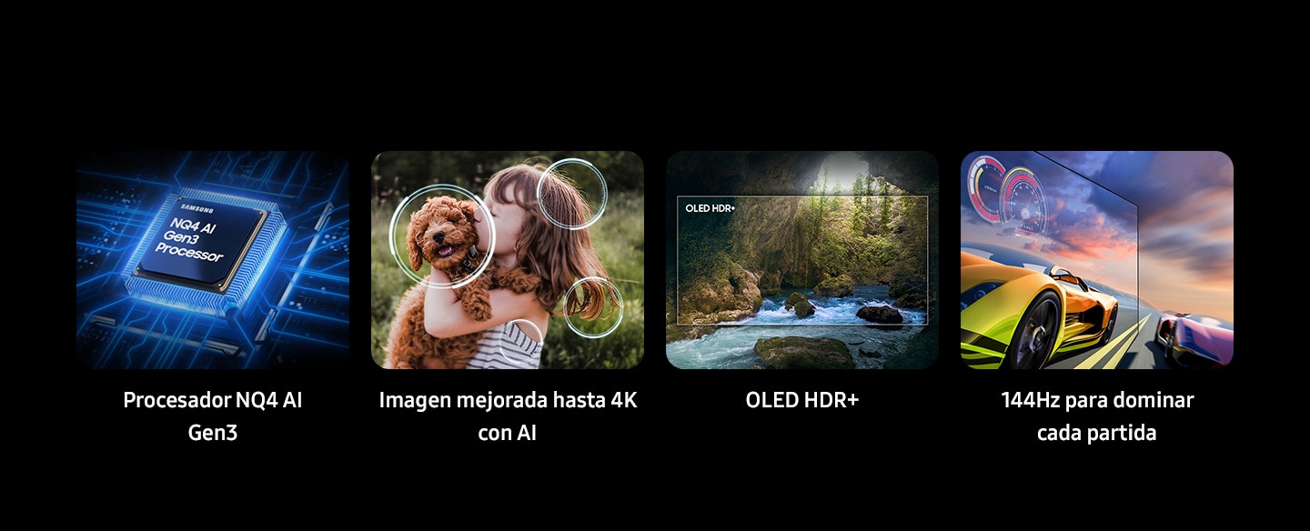 Las principales características son el procesador Samsung NQ4 AI Gen3, 4K AI Upscaling Pro, OLED HDR+ y Motion Xcelerator 144Hz.