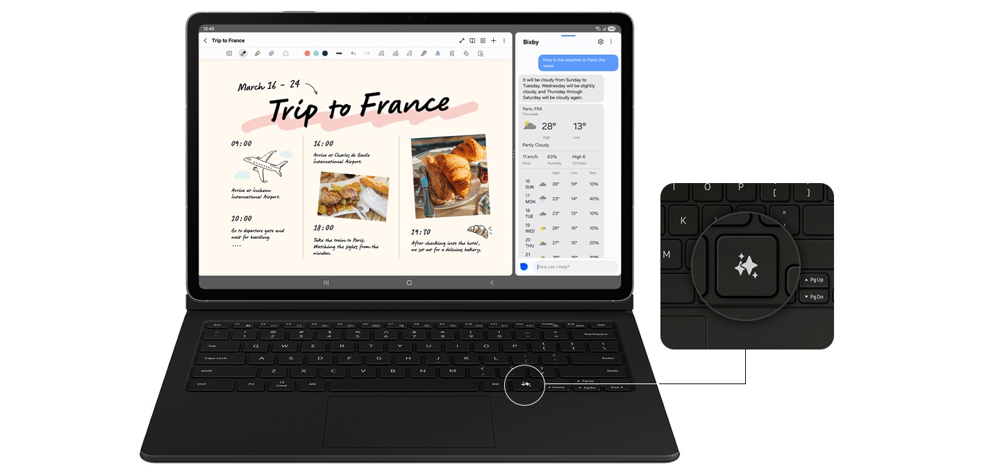 Un dispositivo Galaxy Tab S10 FE+ con un teclado Book Cover acoplado está mostrando la app Notas en la pantalla. La pantalla se divide para mostrar una conversación con Bixby en un lado. Un primer plano muestra Galaxy AI Key en el teclado, mostrando su ubicación.