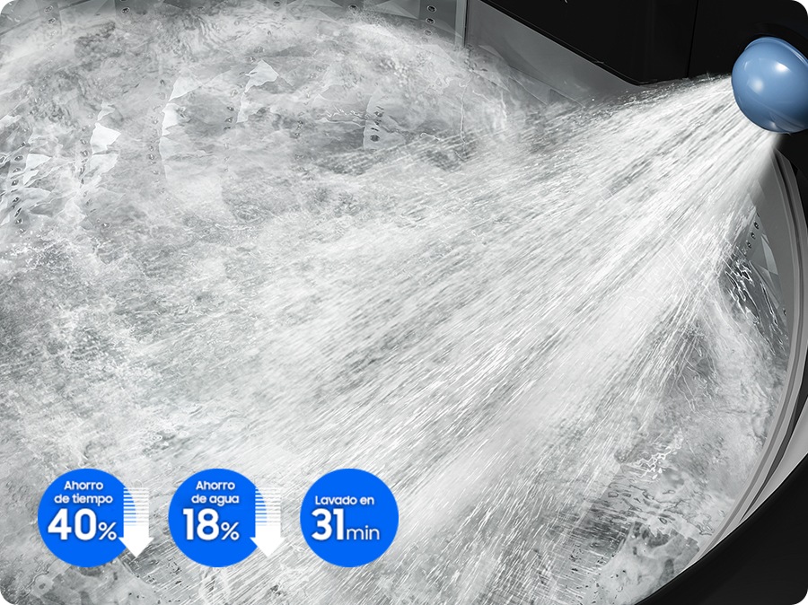Inside the washing machine, Strong water Jet is coming out. Super Speed ​​has 40% time saving, 18% water saving and wash in 31 min.