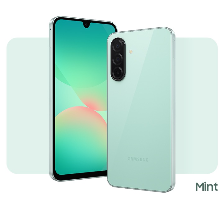 Dos dispositivos Galaxy A26 5G en Mint. Uno muestra la vista frontal con un gráfico abstracto en pantalla. El otro, mostrando la disposición de la cámara y la vista trasera en Mint.