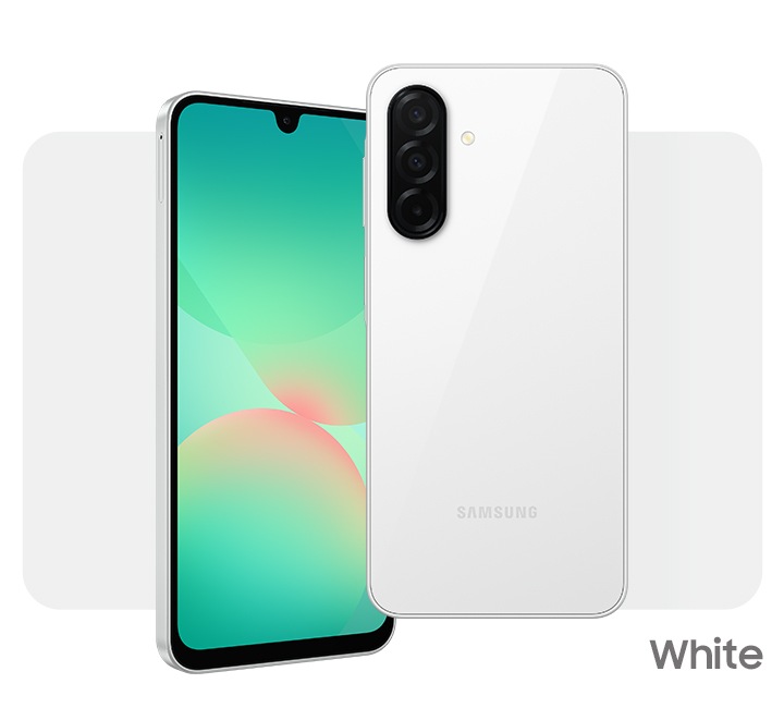 Dos dispositivos Galaxy A26 5G en blanco. Uno muestra la vista frontal con un gráfico abstracto en pantalla. El otro muestra la disposición de la cámara y la vista trasera en blanco.
