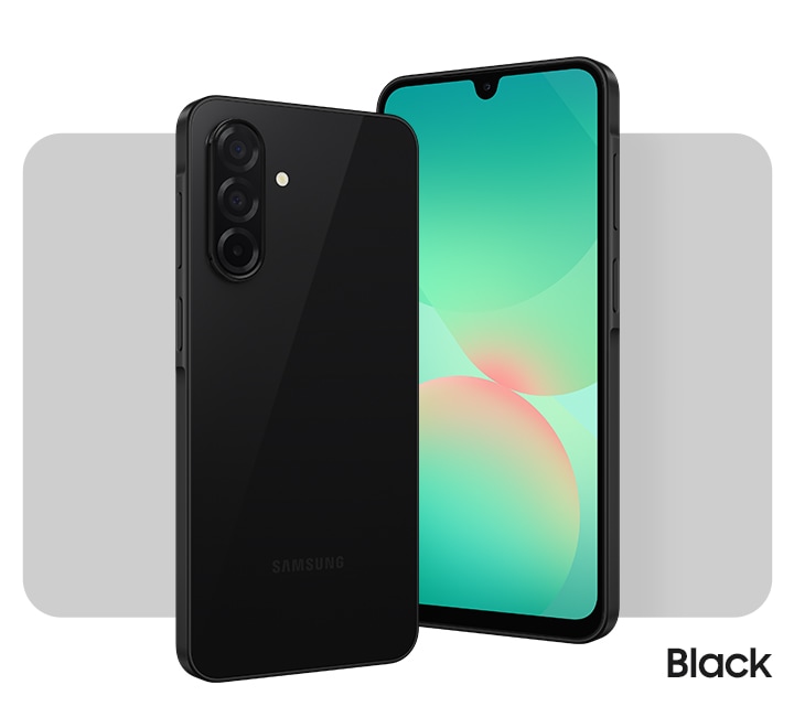 Dos dispositivos Galaxy A26 5G en negro. Uno muestra la vista frontal con un gráfico abstracto en pantalla. El otro, muestra la disposición de la cámara y la vista trasera en Negro.