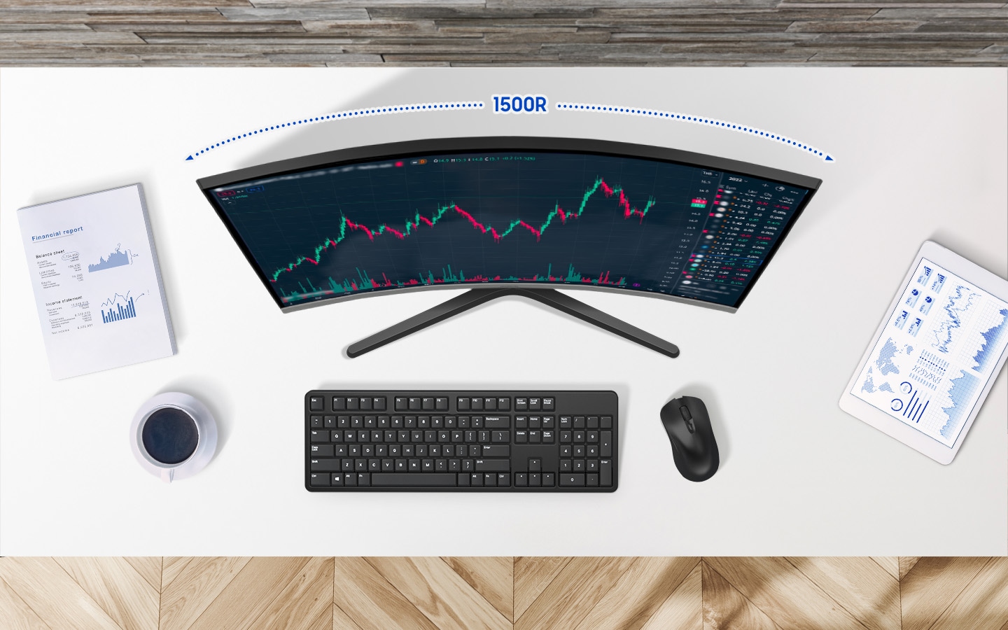 Explore FHD Essential Monitor S3 S39GD con pantalla curvada 1800R, frecuencia de refresco de 100Hz, modo de juego y modo de ahorro de ojos.Se muestra la parte superior del monitor, en la que destaca su curvatura, 1500R.