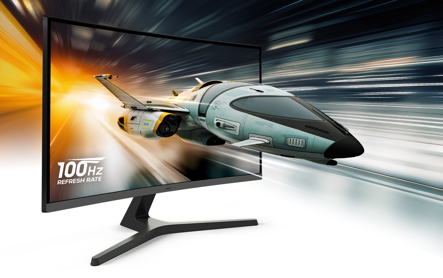 Se muestra la parte superior del monitor, en la que destaca su curvatura, 1800R.Un chorro sale de la pantalla del monitor, lo que representa una frecuencia de refresco de 100Hz.