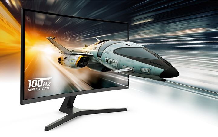 Se muestra la parte superior del monitor, en la que destaca su curvatura, 1800R.Un chorro sale de la pantalla del monitor, lo que representa una frecuencia de refresco de 100Hz.