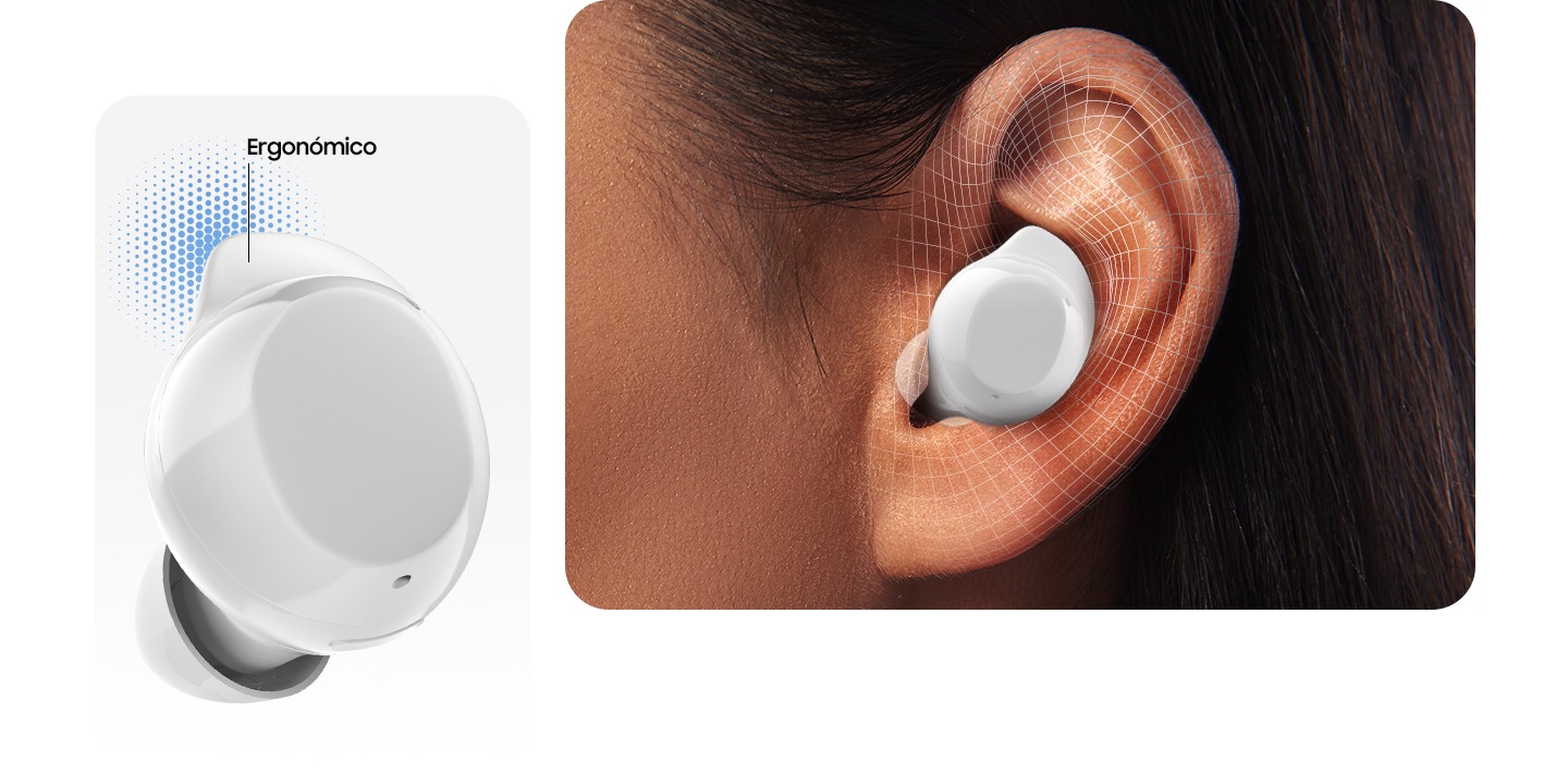 A single white Galaxy Buds Core earbud with Wingtip text indicating the design. A woman wearing a single white Galaxy Buds Core earbud in her left ear, demonstrating how well the earbud fits in your ear. A single white Galaxy Buds Core earbud with Wingtip text indicating the design. A woman wearing a single white Galaxy Buds Core earbud in her left ear, demonstrating how well the earbud fits in your ear.
