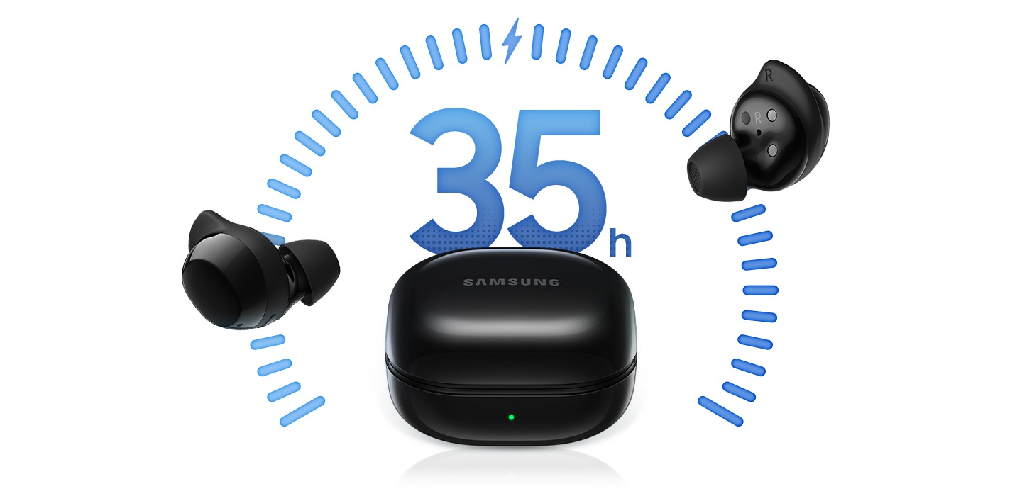 A black Galaxy Buds Core charging case is in the middle, with the earbuds to the left and right of the case. The text "35h" is in the background, representing playtime. A black Galaxy Buds Core charging case is in the middle, with the earbuds to the left and right of the case. The text "35h" is in the background, representing playtime.