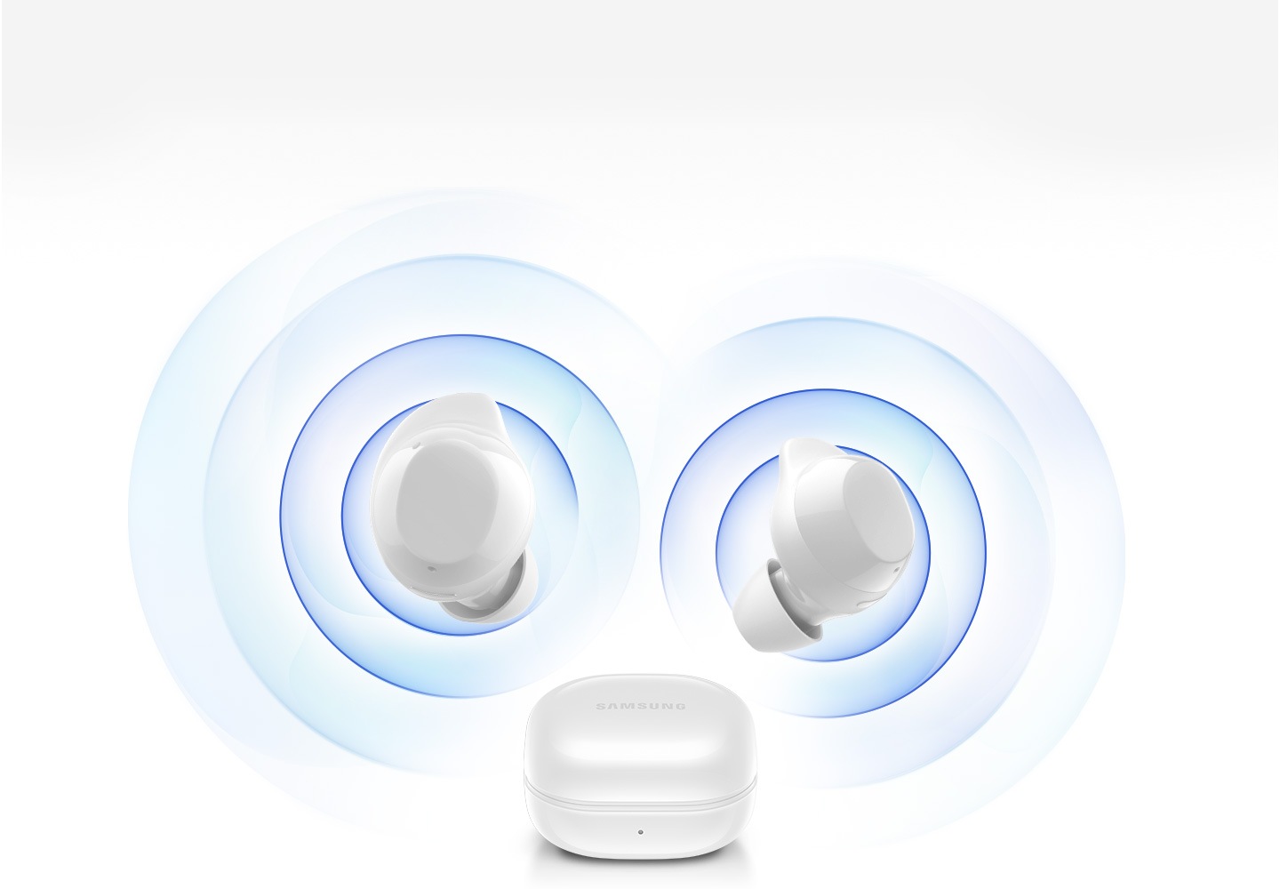 La funda de carga blanca Galaxy Buds Core está en el medio con los auriculares flotando por encima. Aparecen múltiples anillos alrededor de los auriculares izquierdo y derecho que representan el sonido.