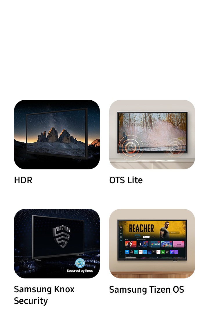 HDR, OTS Lite, Samsung Tizen OS y Samsung Knox con el logotipo Secured by Knox se muestran como las características clave de este televisor. HDR hace que una escena nocturna de montañas se vea clara y vívida, OTS Lite reproduce ondas sonoras en pantalla, Samsung Tizen OS muestra opciones de entretenimiento y streaming y Samsung Knox muestra el logotipo de Samsung Knox en una pantalla negra.