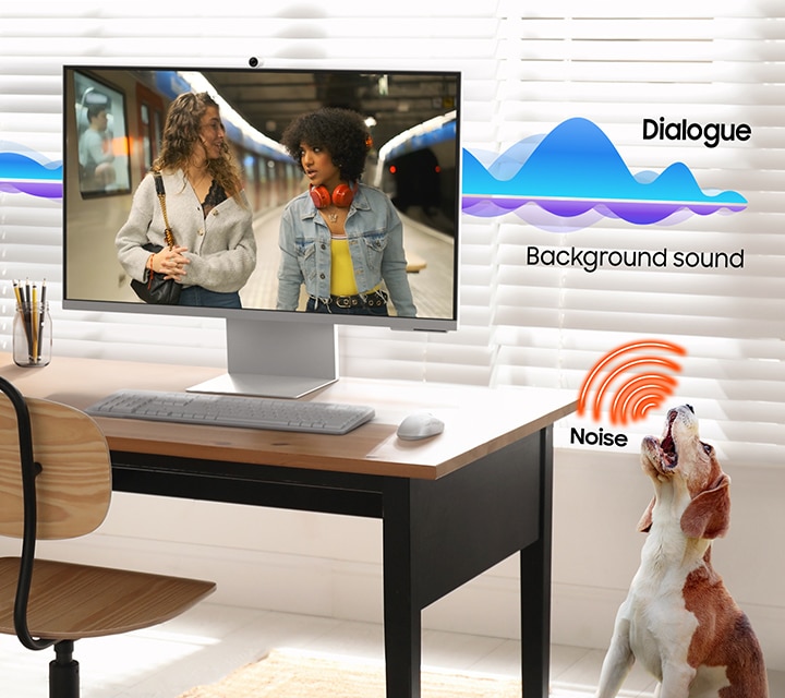 Un monitor moderno y un perro ladrando. Active Voice Amplifier Pro mejora el sonido de los diálogos y el sonido de fondo se vuelve más silencioso.