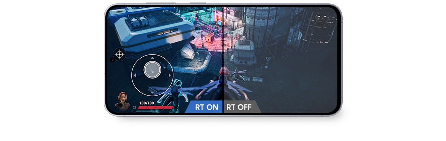 La pantalla de un teléfono inteligente muestra un videojuego con vista dividida: “RT ON” a la izquierda más brillante y colorido, y “RT OFF” a la derecha más oscuro y menos detallado.