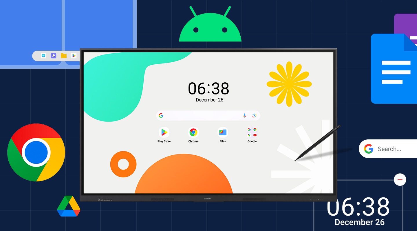 La pantalla de inicio de la pantalla interactiva WAF cuenta con elementos esenciales colocados en el centro: un widget de reloj, una barra de búsqueda de Google y cinco iconos de aplicaciones debajo. Los widgets y aplicaciones personalizables se amplían y organizan alrededor de la pantalla de inicio para facilitar el acceso.