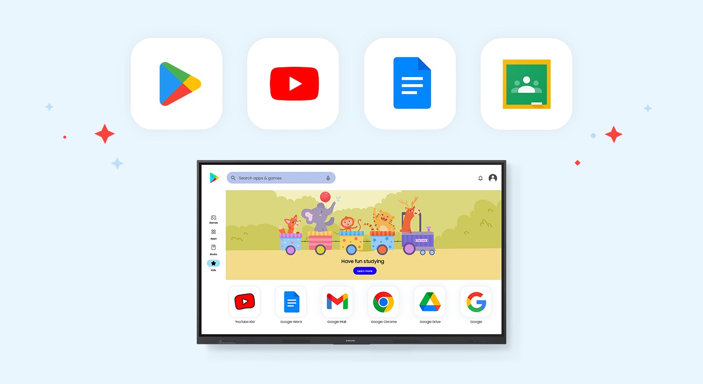 Los iconos de las aplicaciones más utilizadas, como Google Play, YouTube, Google Docs y Google Classroom, flotan sobre la pantalla interactiva WAF. En la propia pantalla se reproduce un vídeo de YouTube que muestra la función de reproducción multimedia del dispositivo.