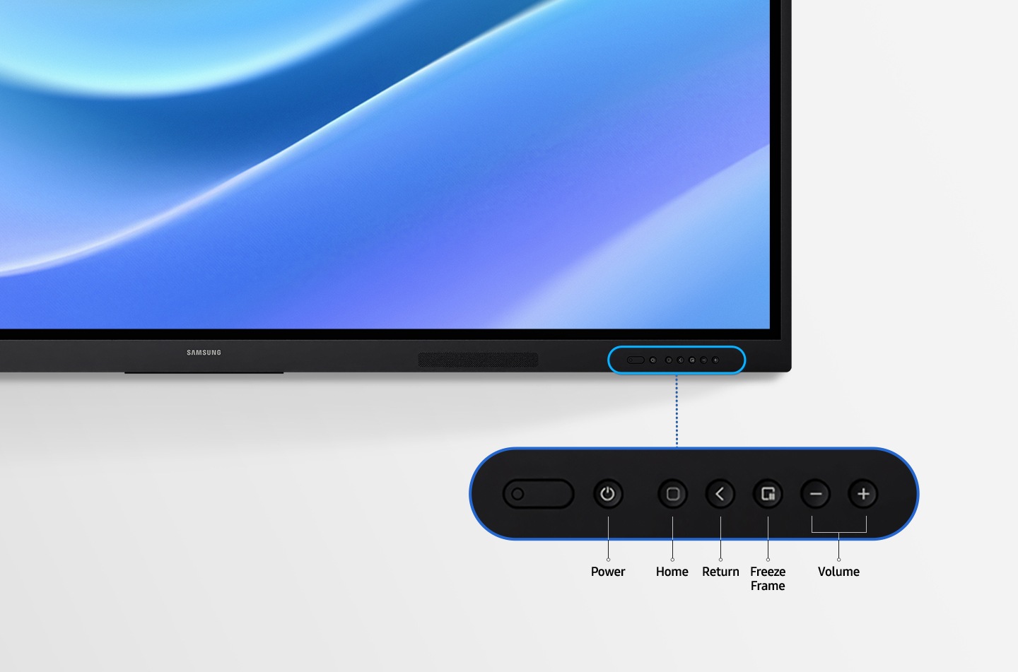 Una pantalla interactiva Samsung con una sección ampliada que muestra los botones de control en la parte inferior. Los botones están etiquetados para encendido, inicio, retorno, congelar fotograma y volumen.