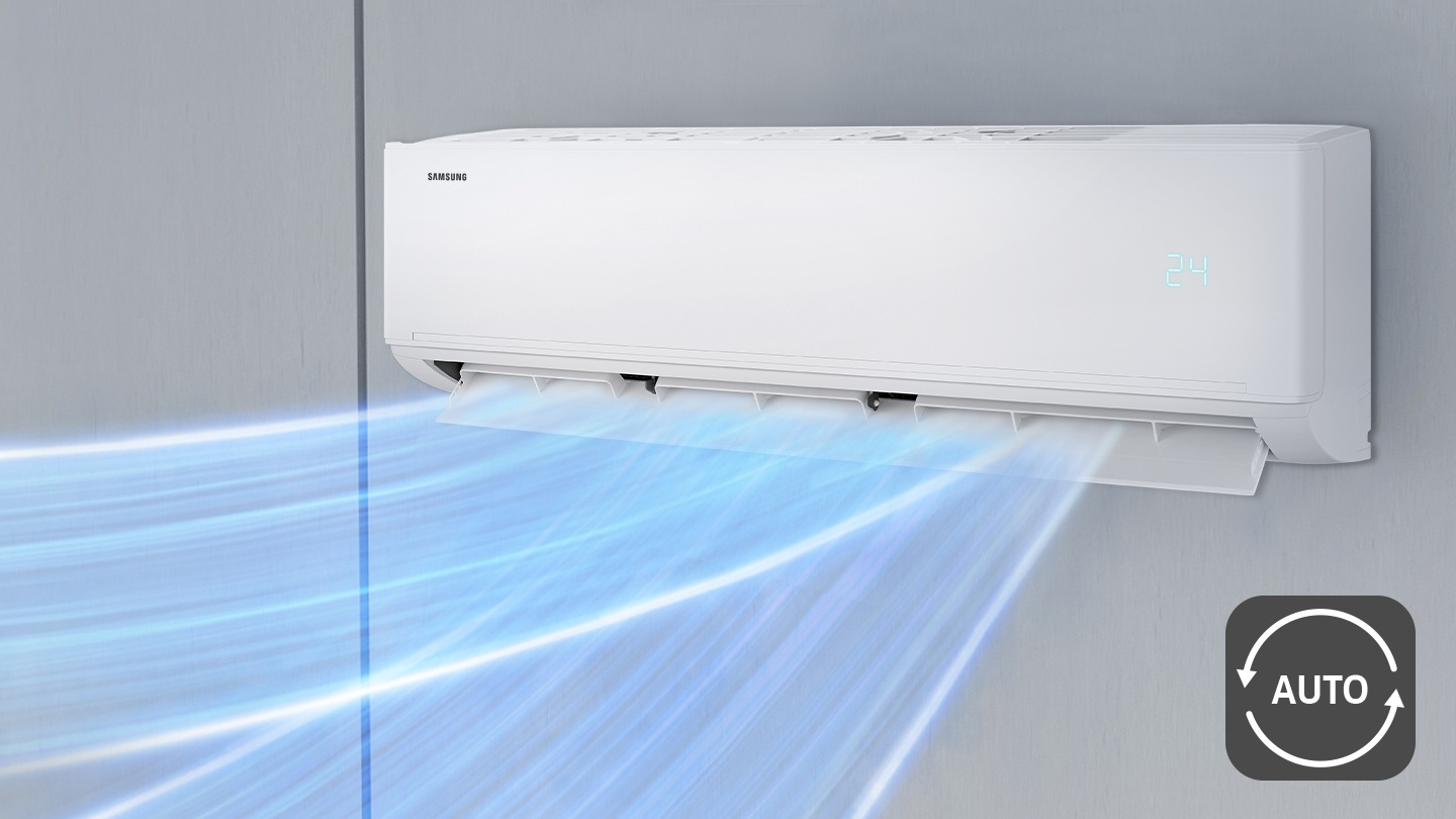 Muestra un aire acondicionado montado en la pared e ilustra cómo se puede ajustar automáticamente la dirección del flujo de aire para distribuirlo por toda la habitación de forma rápida y uniforme.