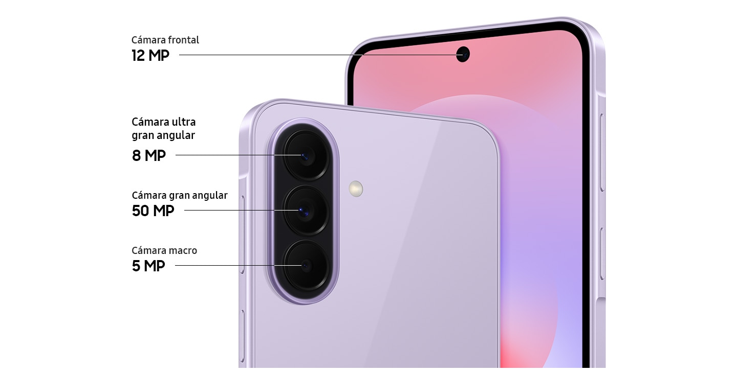 Close-up of the Triple Camera system on the back of Galaxy A37 5G in Awesome Lavender and a close-up of the Front Camera. Galaxy A37 5G is equipped with a 50 MP Wide-angle Camera, 8 MP Ultra Wide Camera and 5 MP Macro Camera on the back, and a 12 MP Front Camera.