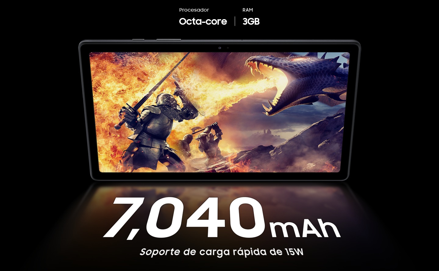 Una escena de un juego de acción y aventuras se muestra en la Galaxy Tab A7 con los textos Procesador Octa-core y 3GB de RAM encima.