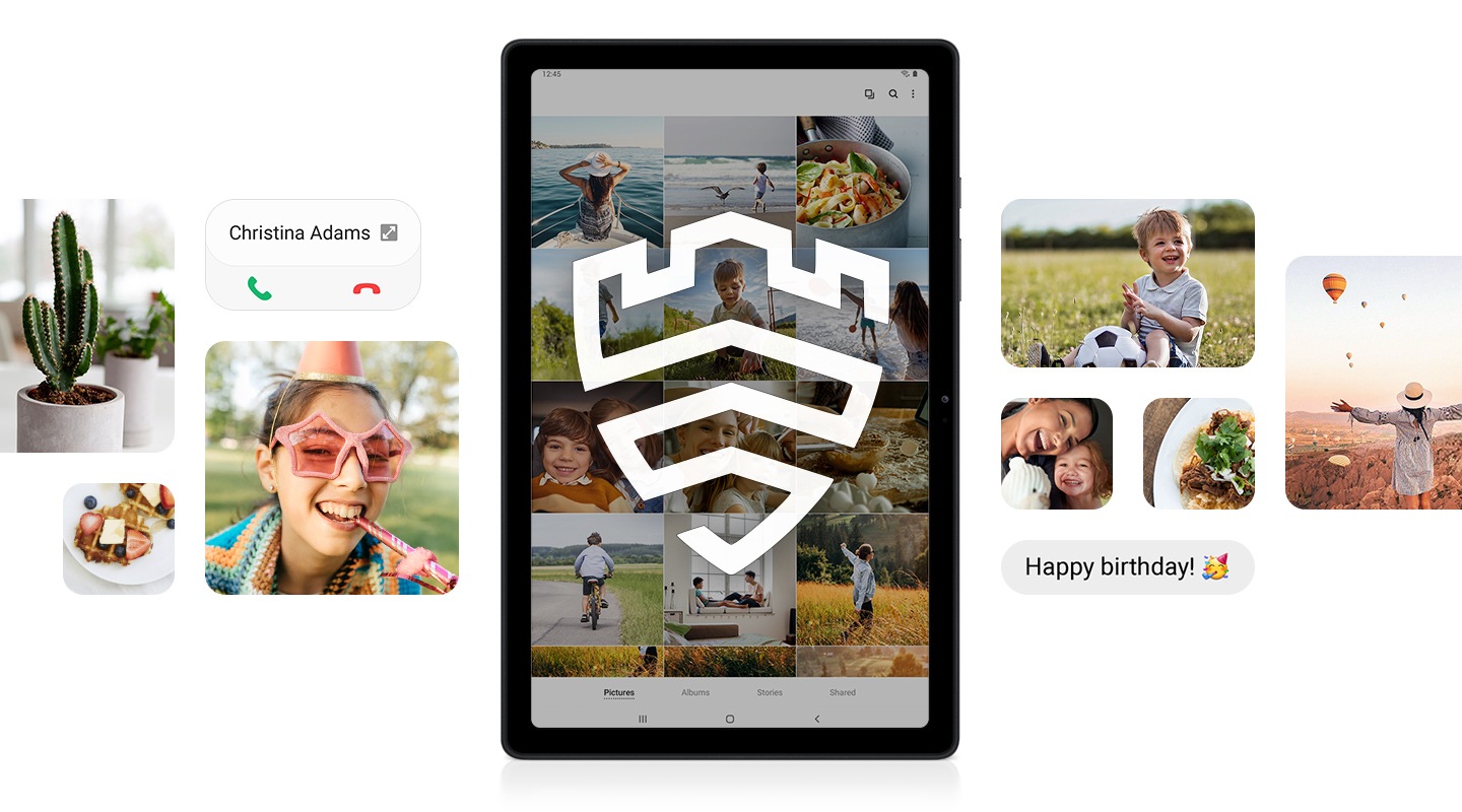 Galaxy Tab A7 muestra el logotipo de Samsung Knox en su pantalla, mientras que los fragmentos de fotos y mensajes de texto aparecen alrededor de la tableta.