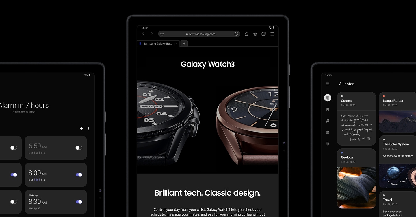 3 Galaxy Tab A7s en modo oscuro, con una pestaña que muestra 1 Galaxy Watch 3 negro y 1 Galaxy Watch3 rosa.