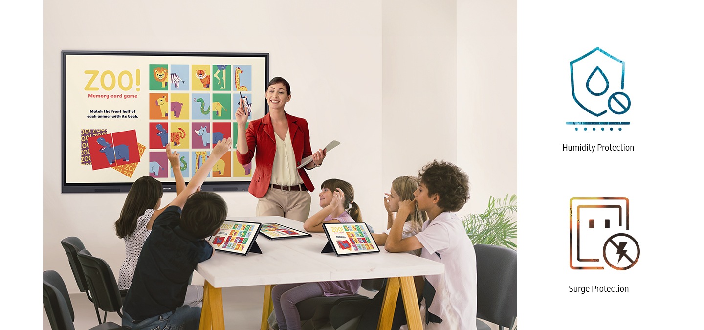 En el centro de un aula pequeña, un profesor utiliza una WAD instalada centralmente para dirigir una lección a los estudiantes. Cada alumno está equipado con una tableta que refleja el contenido mostrado en el WAD, facilitando un entorno de aprendizaje interactivo.