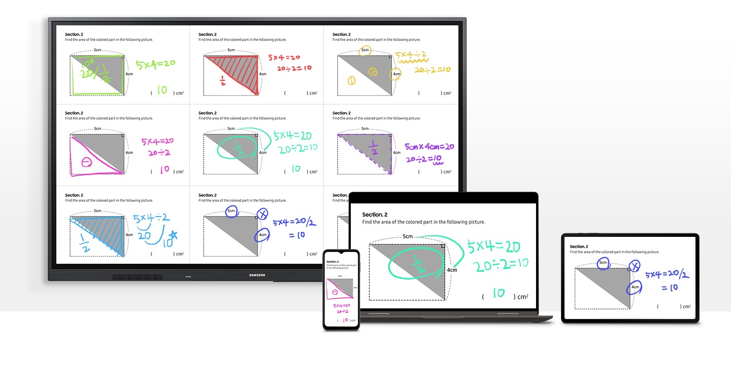 Una pantalla WAD muestra nueve pantallas simultáneamente, cada una de las cuales presenta diferentes respuestas al mismo problema matemático, reunidas por nueve estudiantes. Justo debajo de la pantalla WAD hay representaciones de un smartphone, portátil y tableta, cada uno reflejando el contenido de las nueve pantallas segmentadas anteriores, ilustrando la integración e interacción de los dispositivos con el contenido mostrado.
