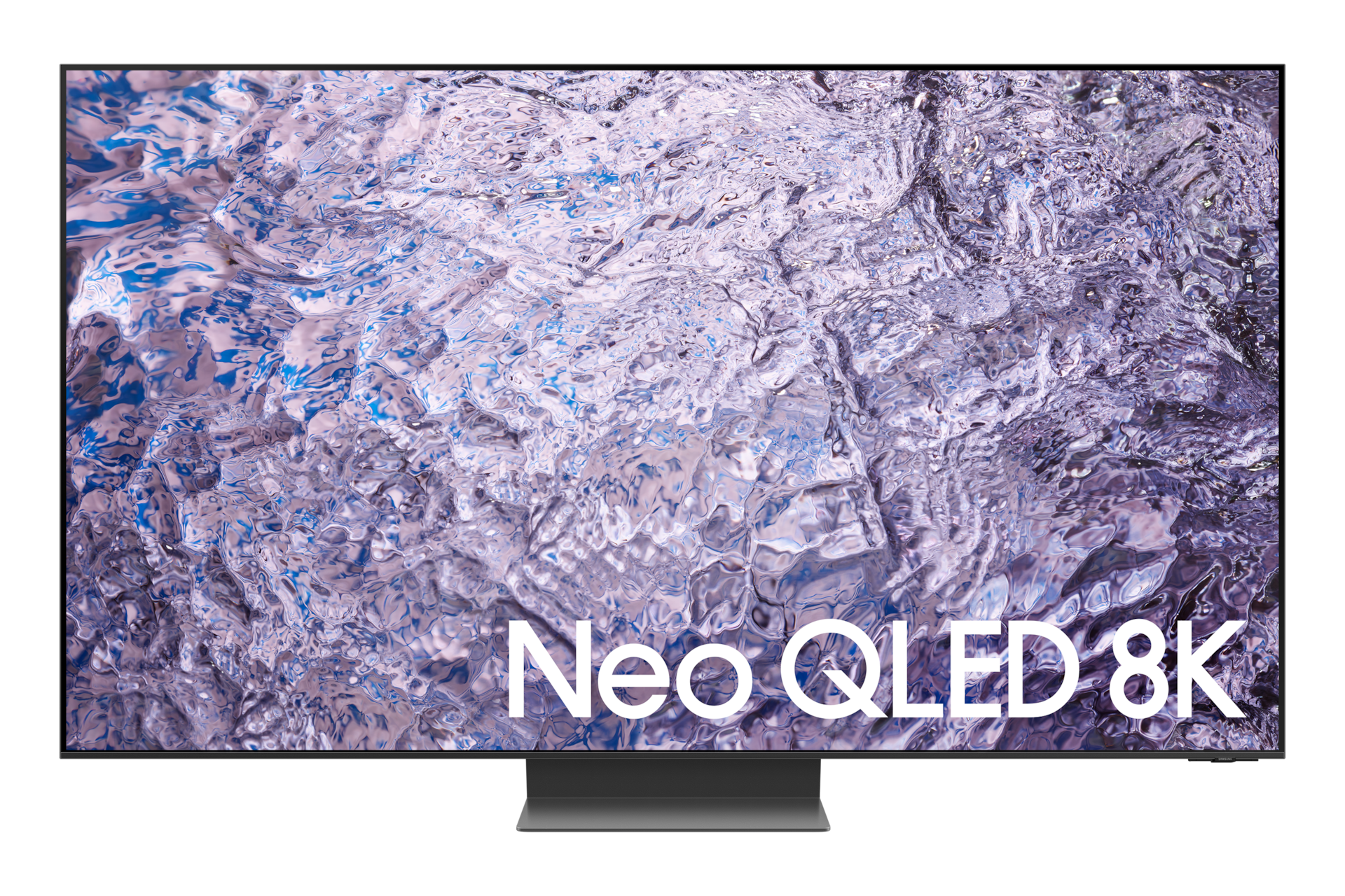 65" Neo QLED 8K QN800C Smart TV con diseño minimalista en posición frontal, tiene fondo de pantalla morado.