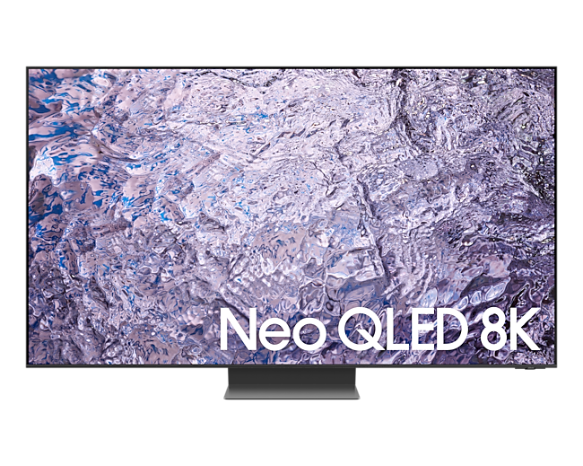Se muestra el 85" Neo QLED 8K QN800C Smart TV con un diseño delgado, en posición frontal. Además el Smart TV tiene fondo morado.