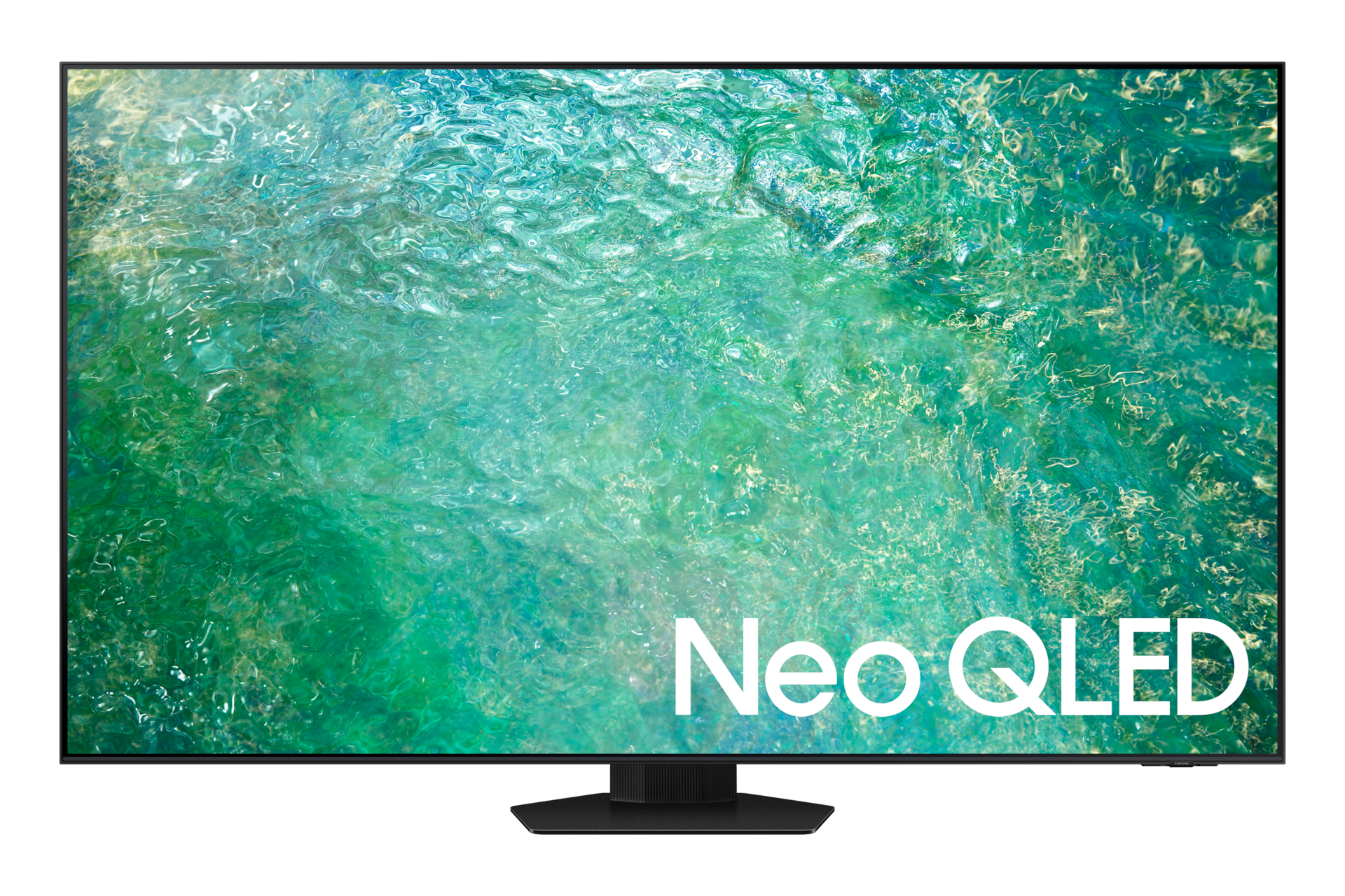 Se muestra el 85" Neo QLED 4K QN85C Smart TV con un diseño delgado, en posición frontal. Además el Smart TV tiene fondo verde aguamarina.
