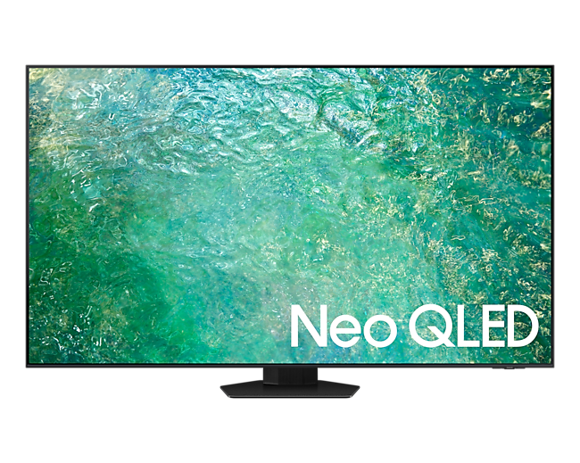 Se muestra el 85" Neo QLED 4K QN85C Smart TV con un diseño delgado, en posición frontal. Además el Smart TV tiene fondo verde aguamarina.