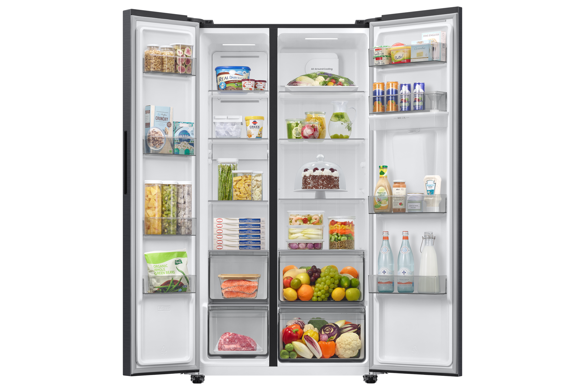 SBS Refrigerator RS40HM36 Dispenser Water Disp 526L Front-Open-with-food Black 