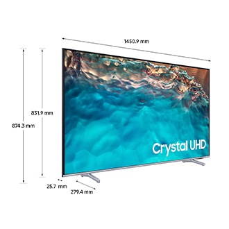 Dimension para Samsung Crystal UHD TV(1450.9 de ancho x 874.3 de alto x 279.4 mm de profundidad) BU8200 con soporte de pie negro