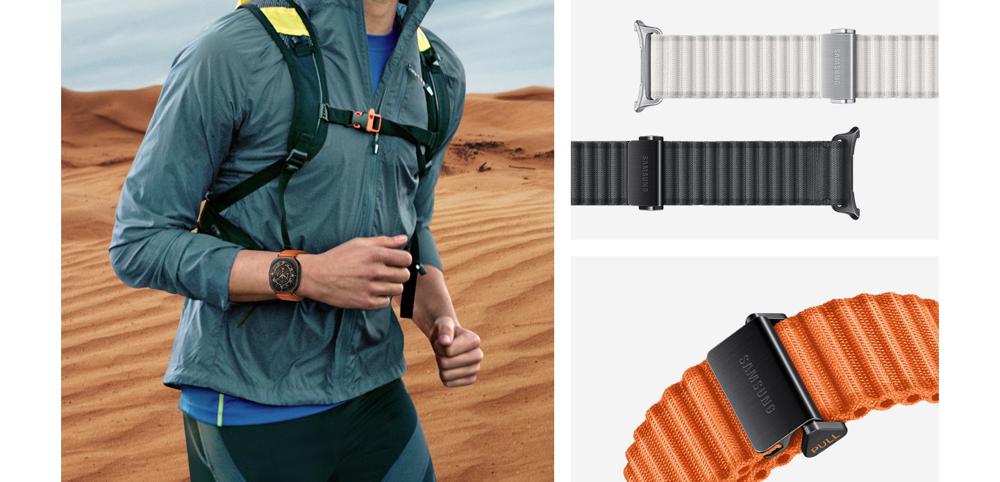 Na obrázku je vlevo muž s batohem na zádech a s oranžovým Sportovním řemínkem Trail Band pro Galaxy Watch Ultra na ruce. Vpravo leží dva odepnuté Sportovní řemínky Trail Band pro Galaxy Watch Ultra v barevném provedení Písečně bílé a Tmavě šedé. Vpravo dole vidíme přiblížený záběr Sportovního řemínku Trail Band pro Galaxy Watch v barevném provedení Oranžová. 