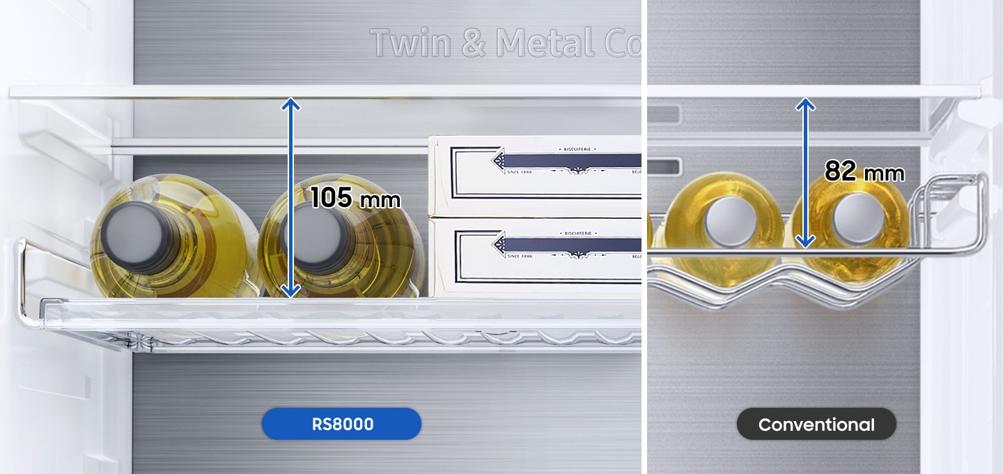 Compared to the 82mm high conventional model, RS8000NC’s 105mm Wine Shelf allows storing larger bottles and food.