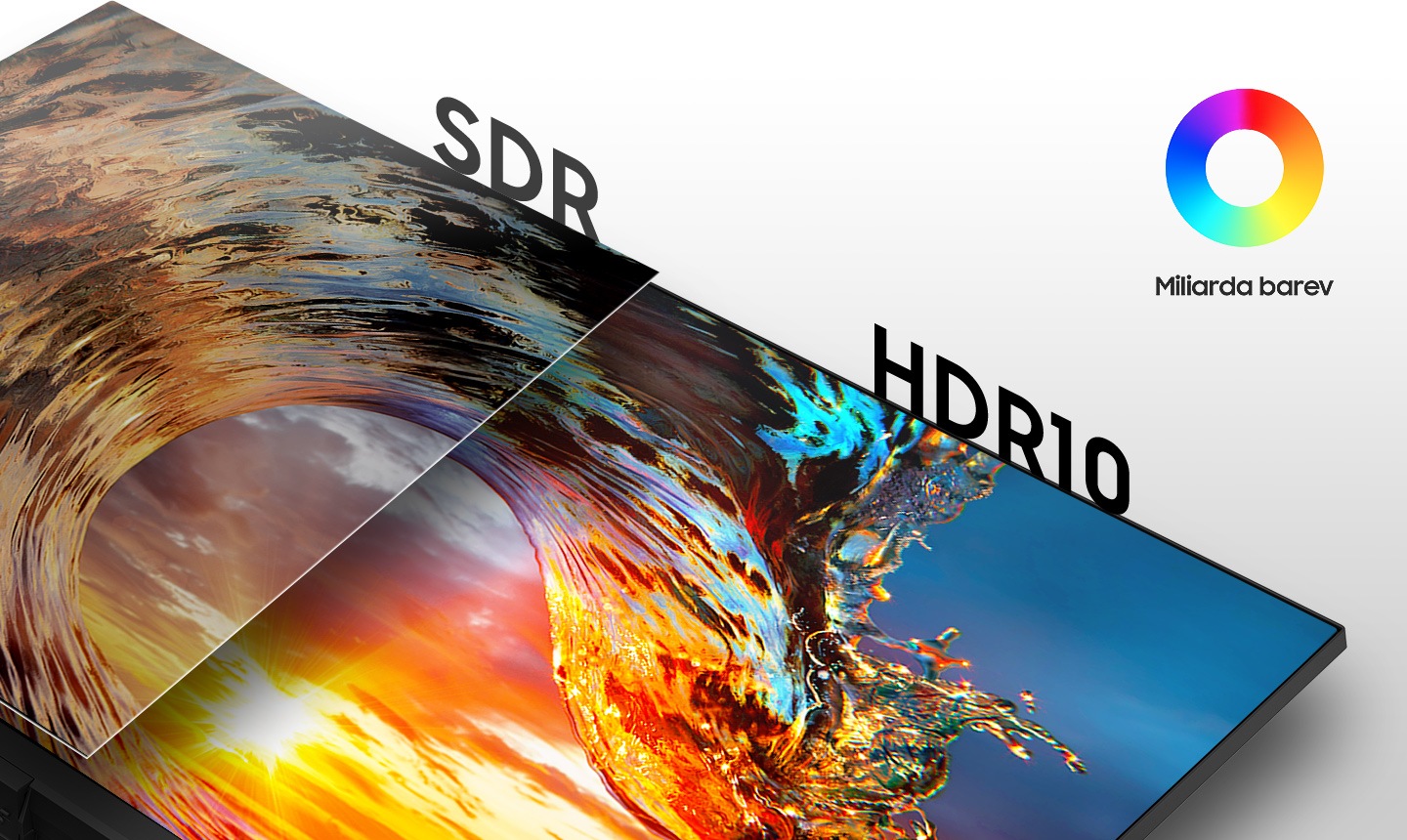 Porovnání obrazovky SDR vlevo a obrazovky HDR10 vpravo. Vpravo nahoře je ikona 1 miliardy barev.