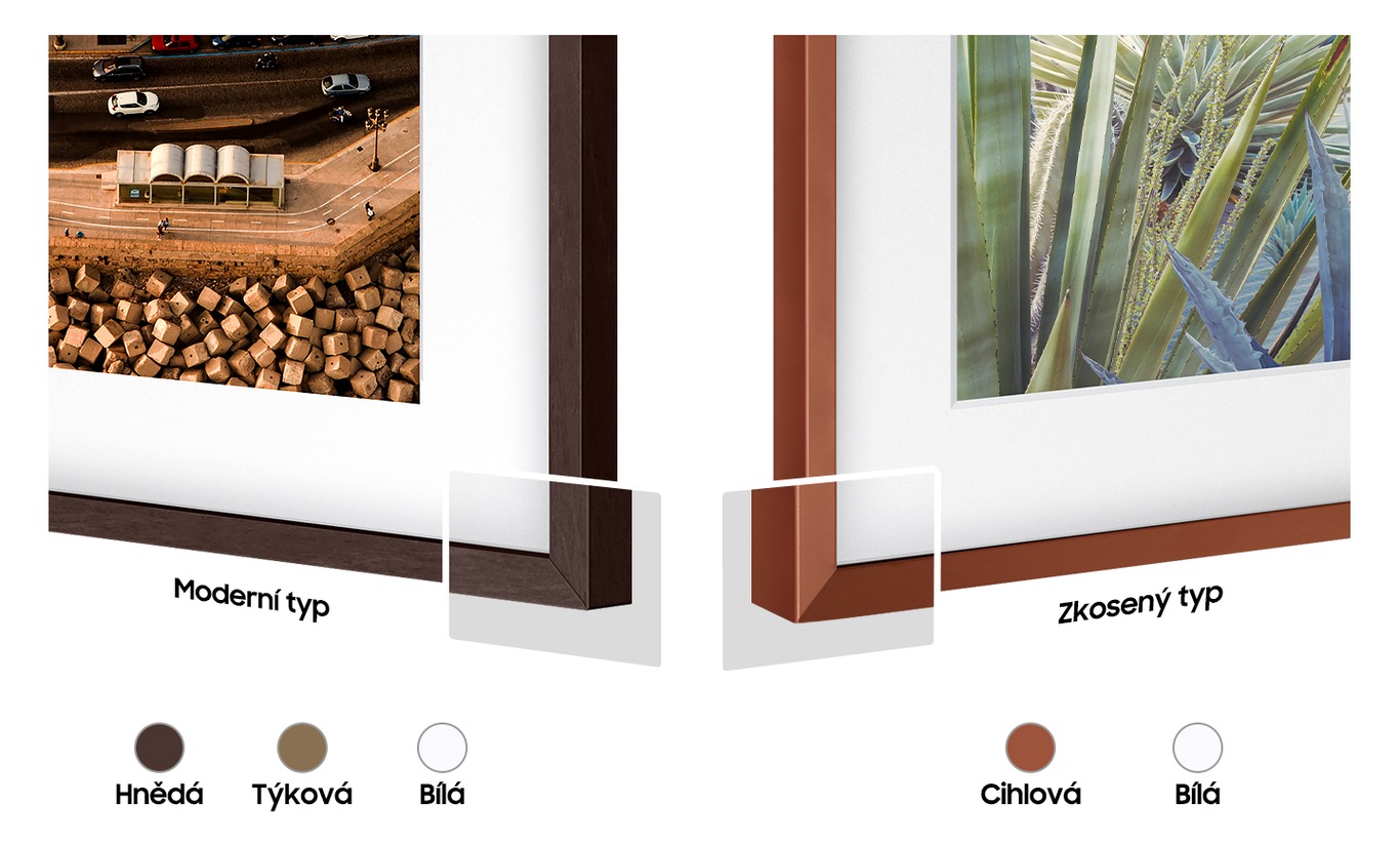 Two bezel types, Modern and Beveled, sit side-by-side to offer users a choice of contemporary or authentic frame style. Color chips for Brown, Teak, White and Brick Red are shown.