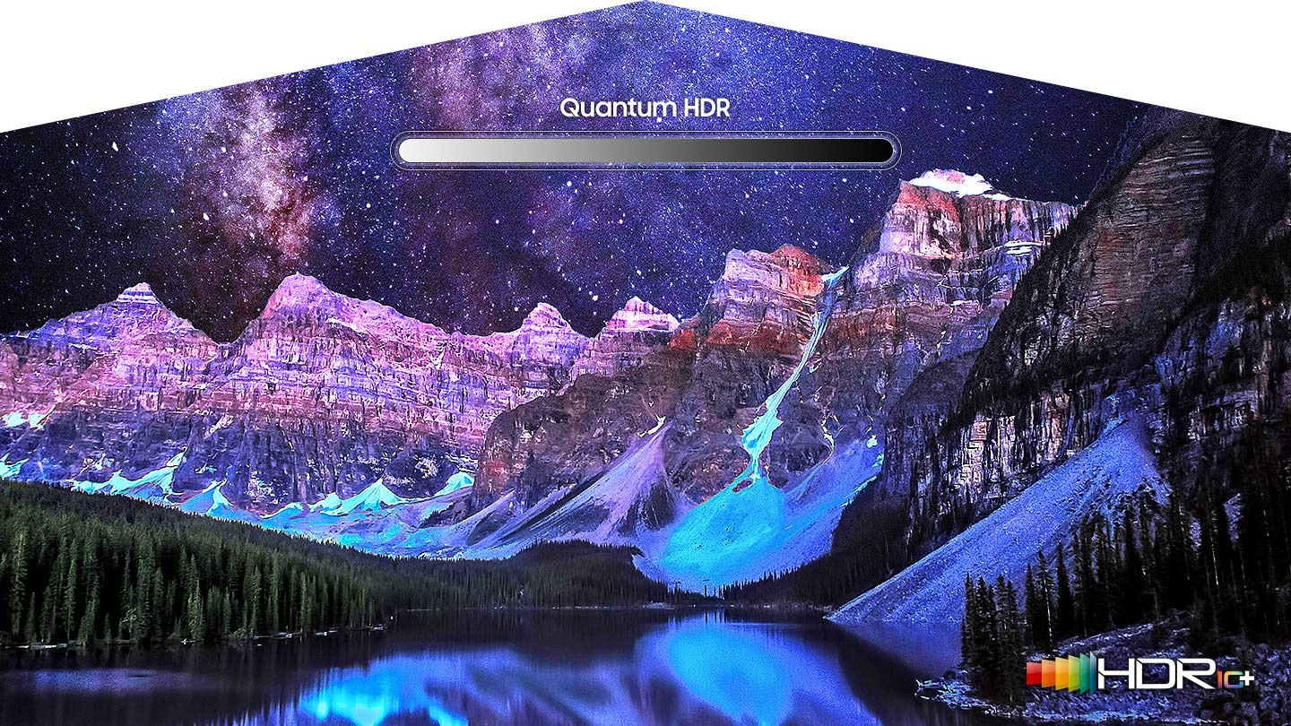 A video describing QLED's Quantum HDR 32X. In this video, an image of a valley surrounded by many stars is getting brighter. This shows accurate representation of bright and dark colors by catching small details.