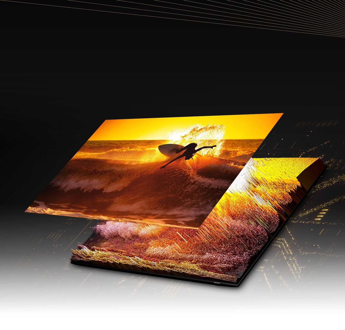 Prostřednictvím LED diody Quantum Mini a mikrovrstvy se obraz surfaře na obrazovce zobrazuje detailně ve světlých a tmavých oblastech, což ukazuje velmi jasně.