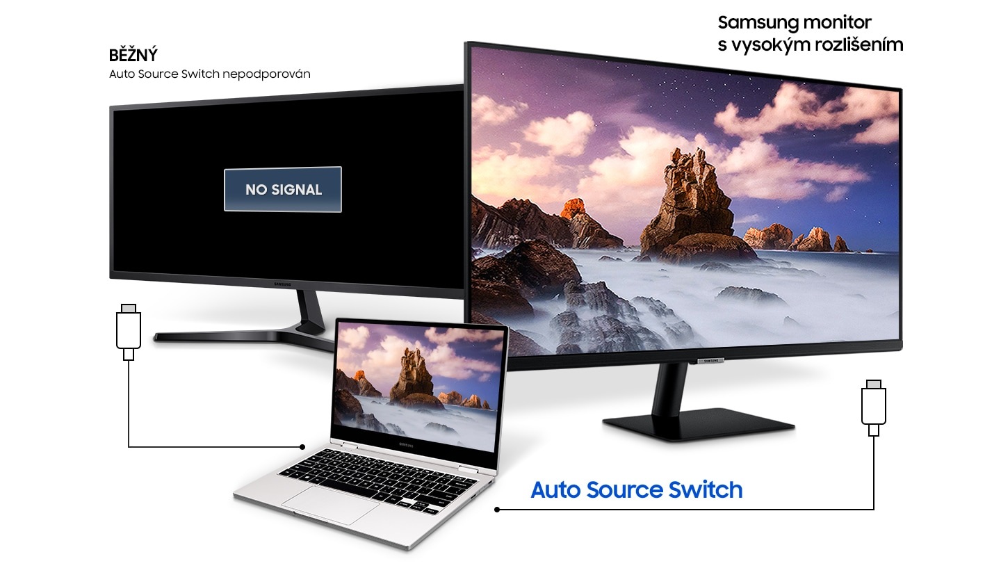 K monitoru Samsung s vysokým rozlišením a běžnému monitoru, který nepodporuje automatické přepínání zdrojů, je připojen notebook. Pouze S70A zobrazuje displej notebooku s automatickým přepínáním zdrojů.