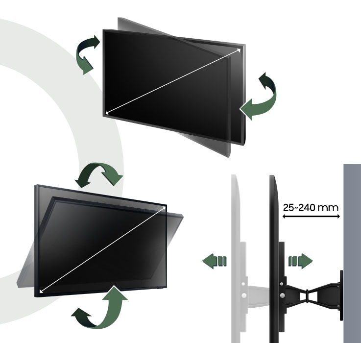 The Terrace TV wall mount can be tilted side-to-side, up-and-down, and pushed in and out from 25 to 240mm.