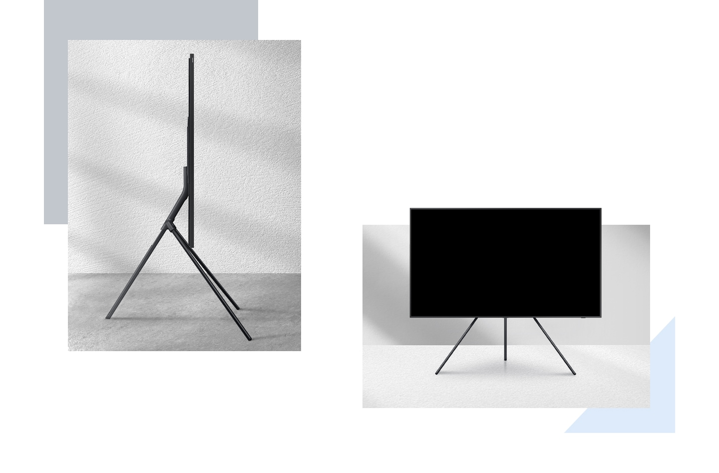 A Frame TV sits on a studio stand in a simple white room, its profile angled to the front. Next to it is the same TV with its front angled forward.
