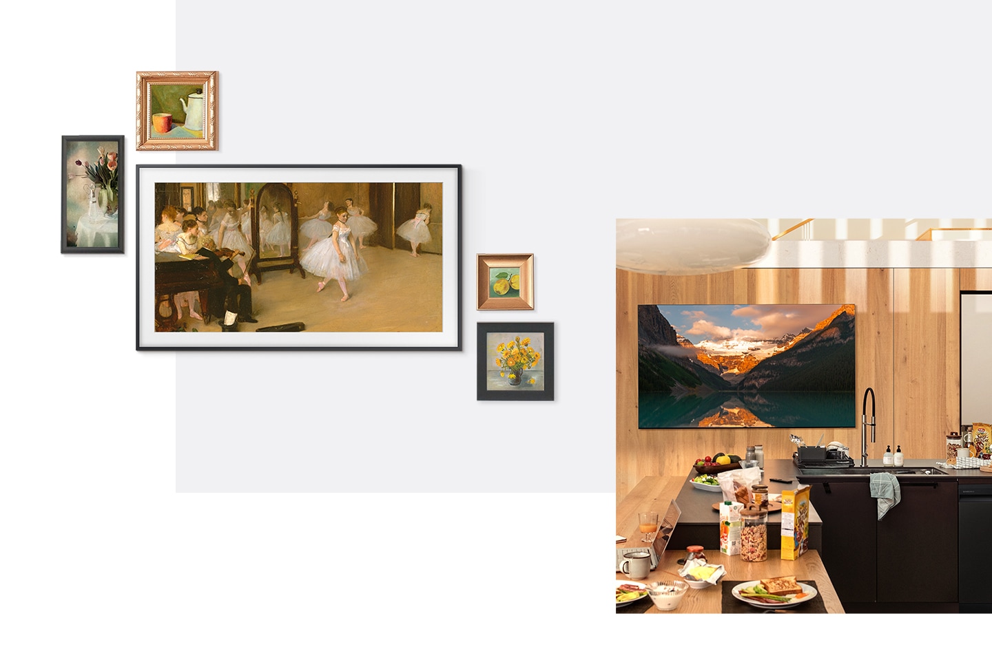 Four small paintings are arranged around a Frame TV hung on a wall with ballerinas dancing in a studio onscreen. Next to this, a TV with a landscape background on its display hangs on the wooden wall of a modern kitchen. Various foods and dishes are on the kitchen counter next to a sink.