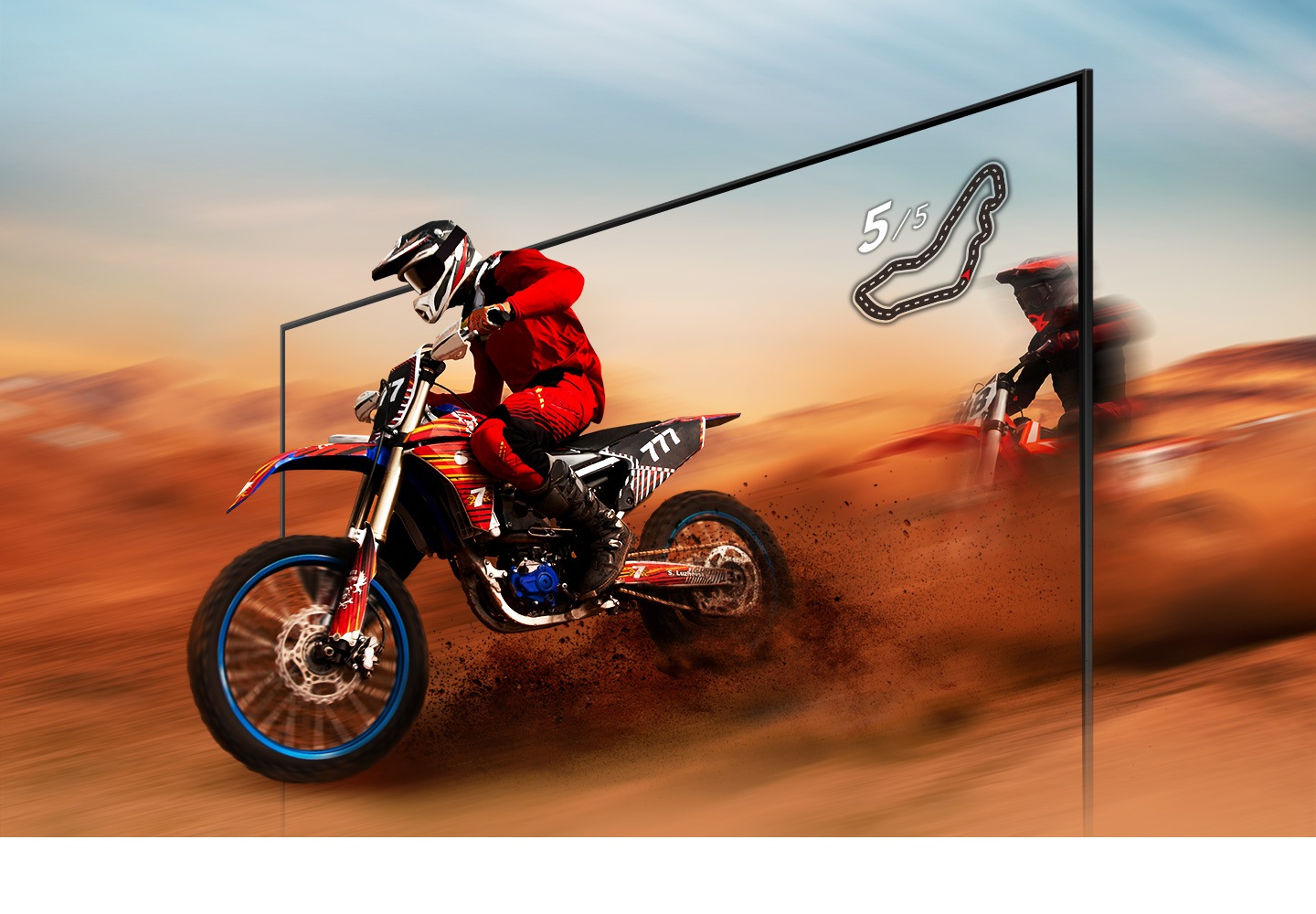 Un corridore di dirt bike appare chiaro e visibile all'interno dello schermo TV UHD grazie alla tecnologia UHD TV motion xcelerator.