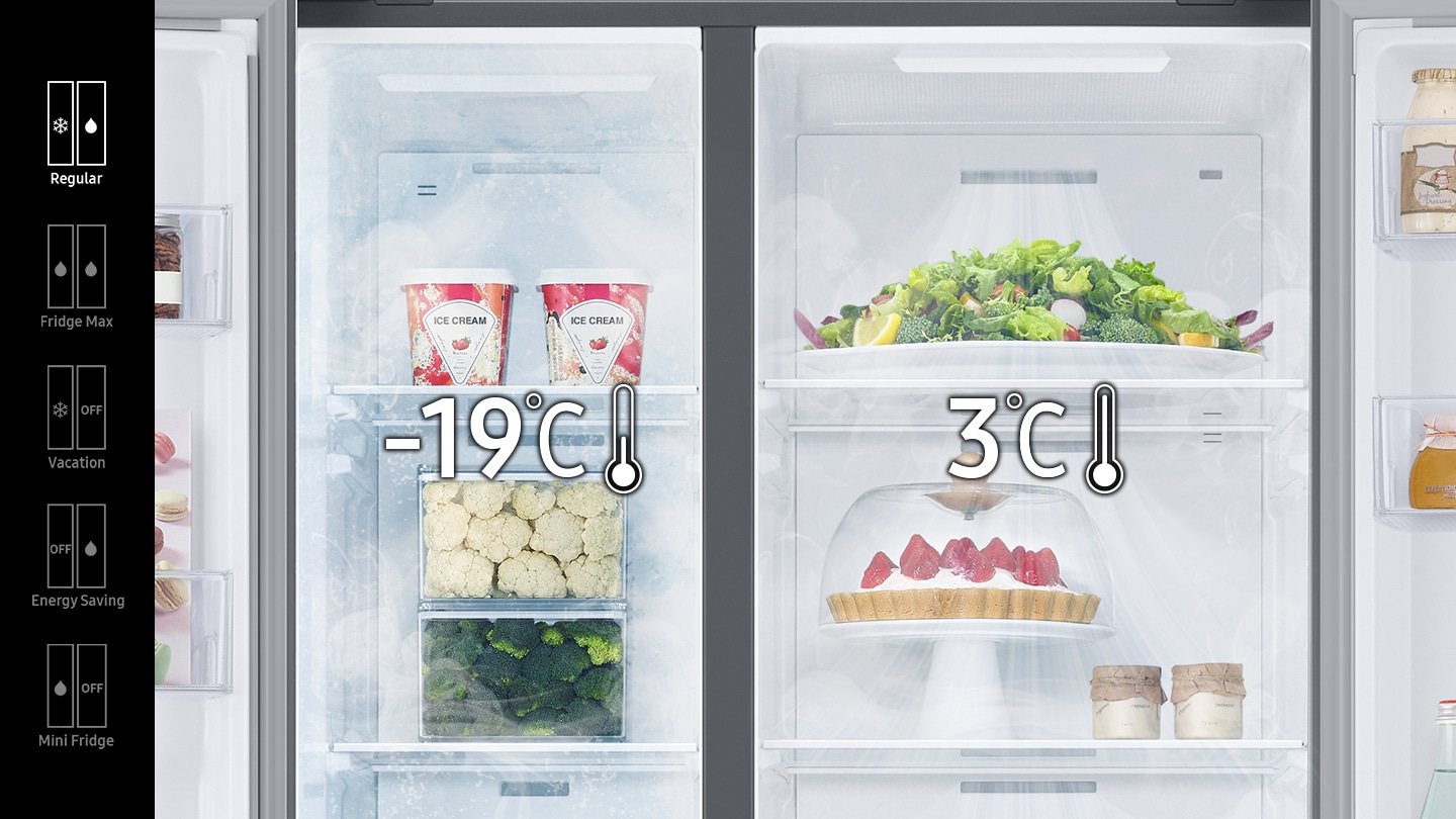 Regular(-19? in freezer, 3? in fridge), Fridge Max(both 3? in freezer and fridge), Vacation(-19? in freezer, fridge off), Energy Saving(freezer off, 3? in fridge), and Mini Fridge(3? in freezer, off fridge) modes are available with the buttons inside the RS8000NC.