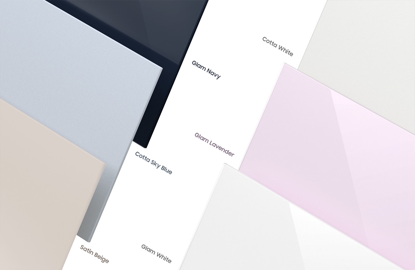 There are Glam Navy, Cotta Sky Blue, Satin Beige, Cotta White, Glam Lavender, Glam White Bespoke panels.