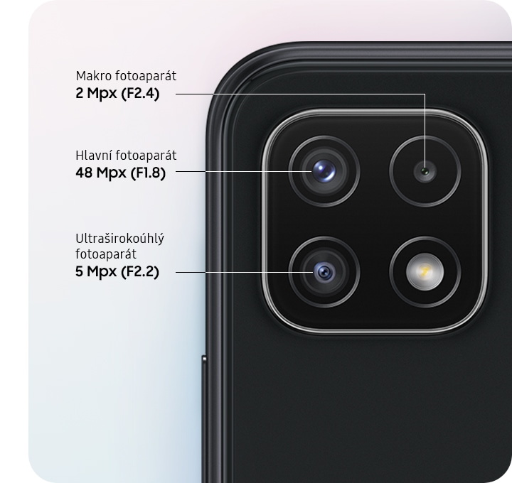A rear close-up of Triple Camera on the Gray model, showing F1.8 48MP Main Camera, F2.2 5MP Ultra Wide Camera, and F2.4 2MP Depth Camera.