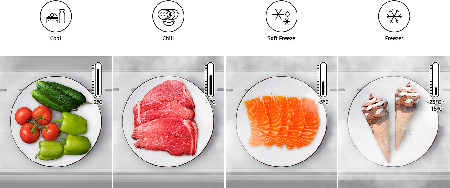 Cool icon & Vegetables (Temperature Meter 2°C), Chill icon & Beef (Temperature Meter -1°C), Soft Freeze icon & Salmon (Temperature Meter -5°C), Freezer icon & ice cream (Temperature Meter -23 °C~ -15°C) are in the RB7300.