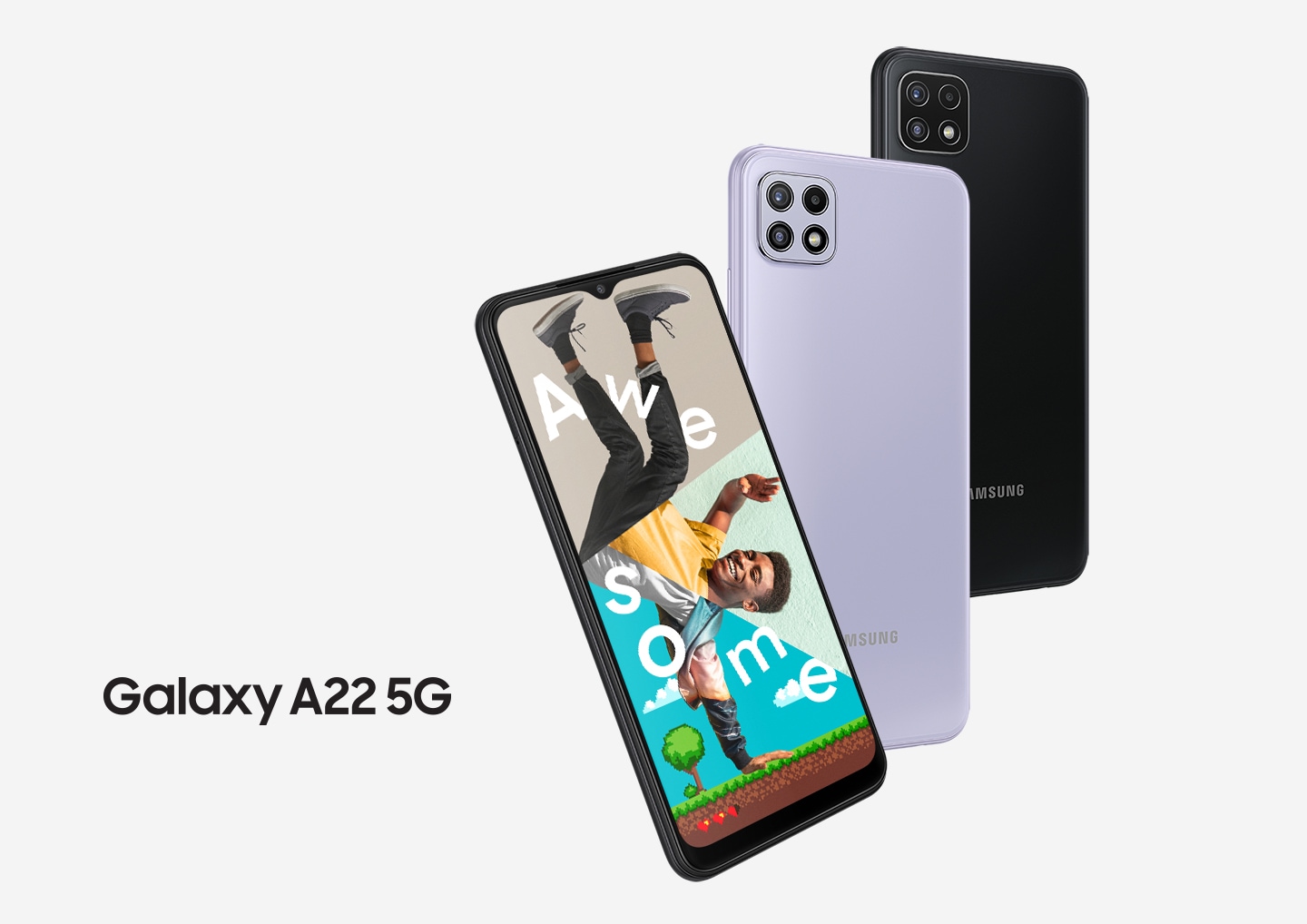 Three Galaxy A22 5G series phones in a row. One seen from the front, and onscreen is a collage of a man's arm, upper body, and legs with the word Awesome. Two seen from the rear to show the rear camera and the colors violet and gray.