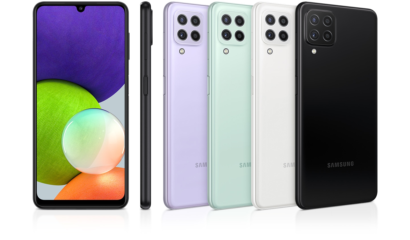 Vidíme zadní strany 4 lesklých smartphonů v barvách black, white, mint a violet, spolu s profilem a čelním pohledem zvýrazňujícím prvotřídní lesklou povrchovou úpravu.