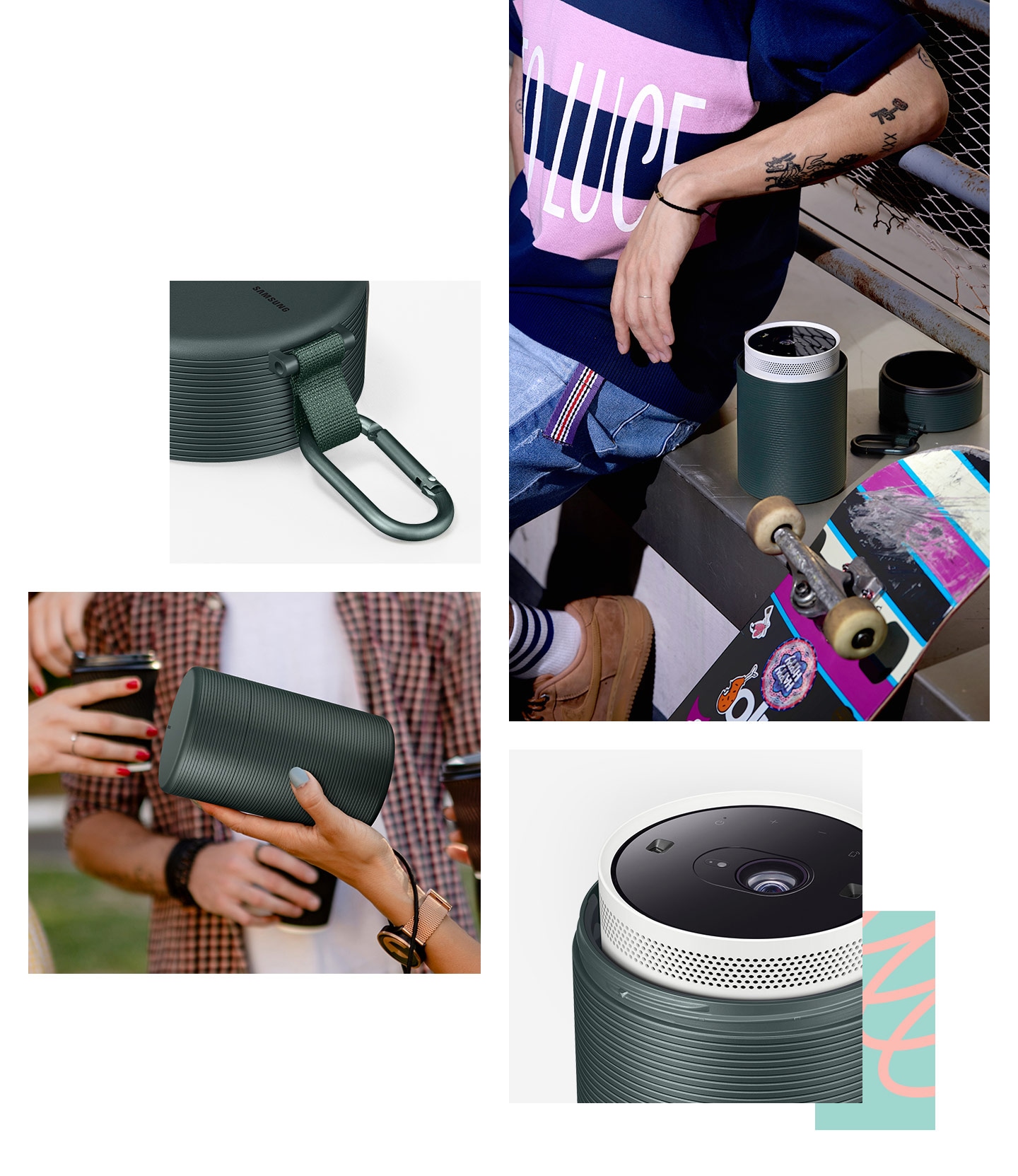 The cap of the Freestyle's case is displayed, and a closeup of the Freestyle inside the case without the cap on is showed. And, A tattooed man is leaning next to the Freestyle with his skateboard. Also, A woman is holding the encased Freestyle with a man in the background.