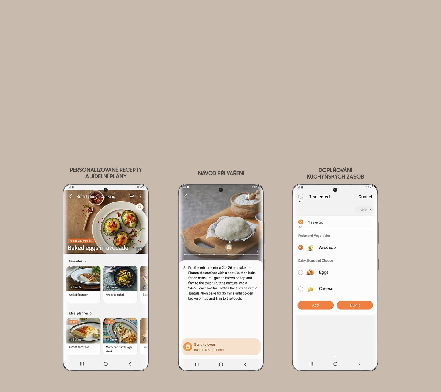 Shows 3 smartphone screens from the SmartThings Cooking app, which lets you access personalized recipes and meal plans, view guided cooking instructions and create a grocery shopping list to buy ingredients.